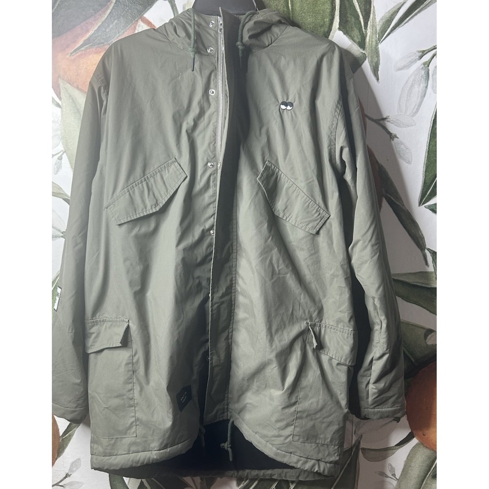 Lazy Oaf Green Hooded Parka Jacket Medium Embroidered Fleece Lined Warm
